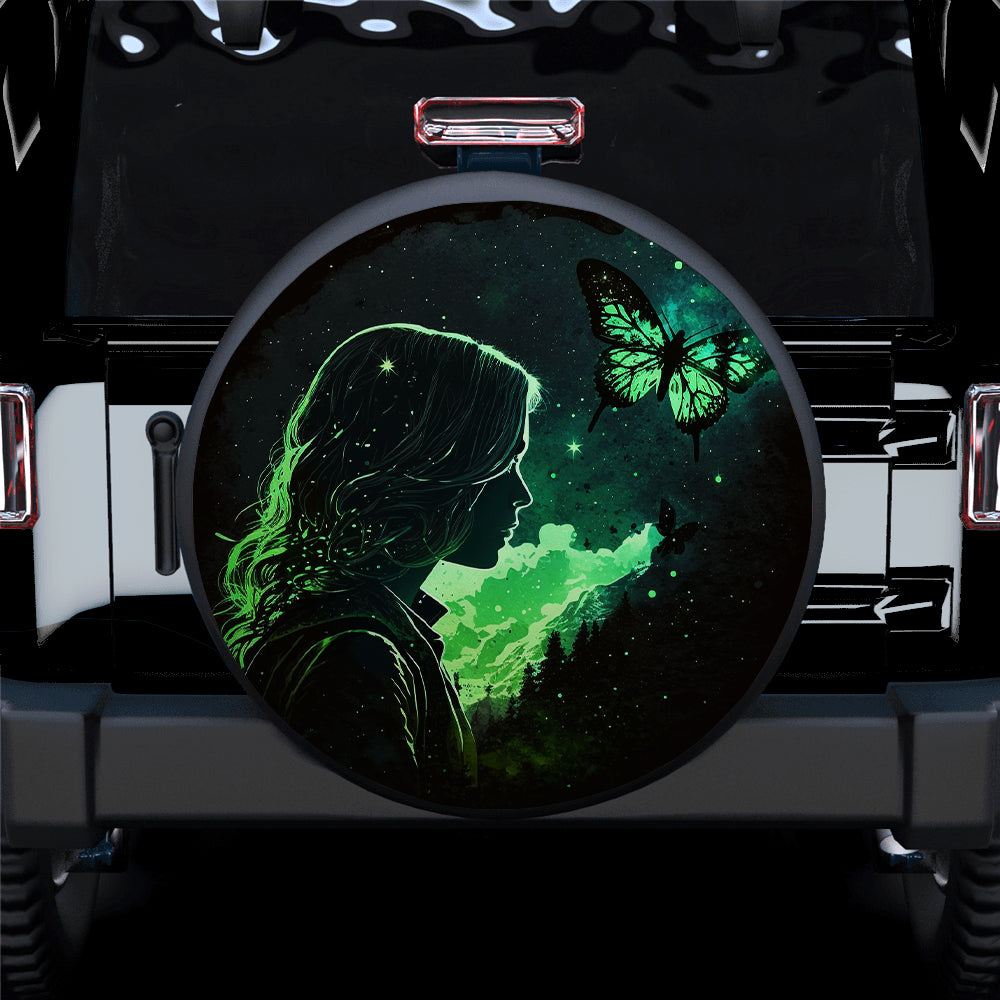 Green Butterfly With Girl In Night Sky Car Spare Tire Cover