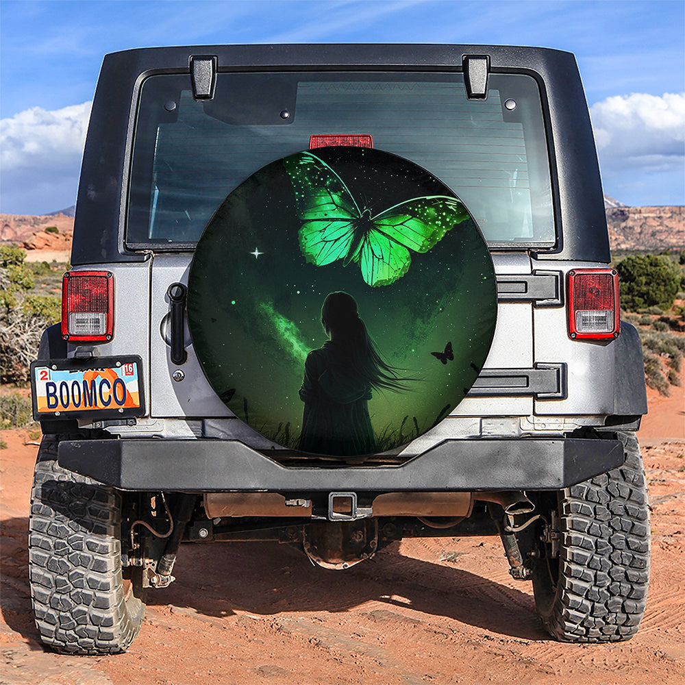 Green Butterfly With Girl In Night Sky Car Spare Tire Cover