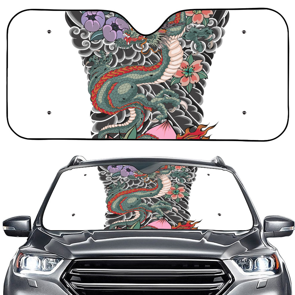 Green Japanese Dragon Tattoo Print Car Windshield Sun Shade