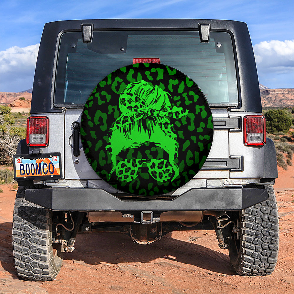 Green Jeep Girl With Sunglasses Leopard Pattern Car Spare Tire Cover