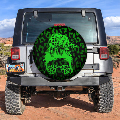 Green Jeep Girl With Sunglasses Leopard Pattern Car Spare Tire Cover