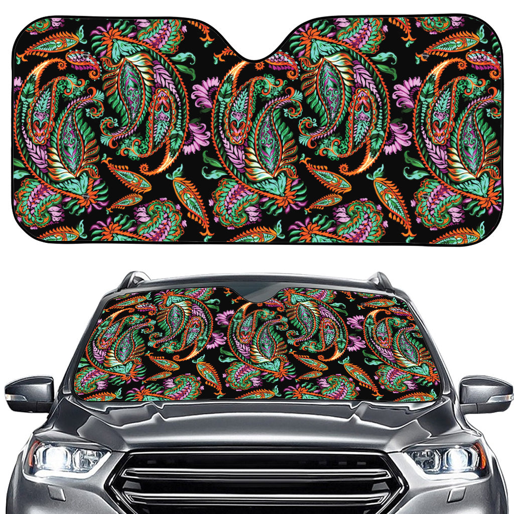 Green Orange And Pink Paisley Print Car Windshield Sun Shade