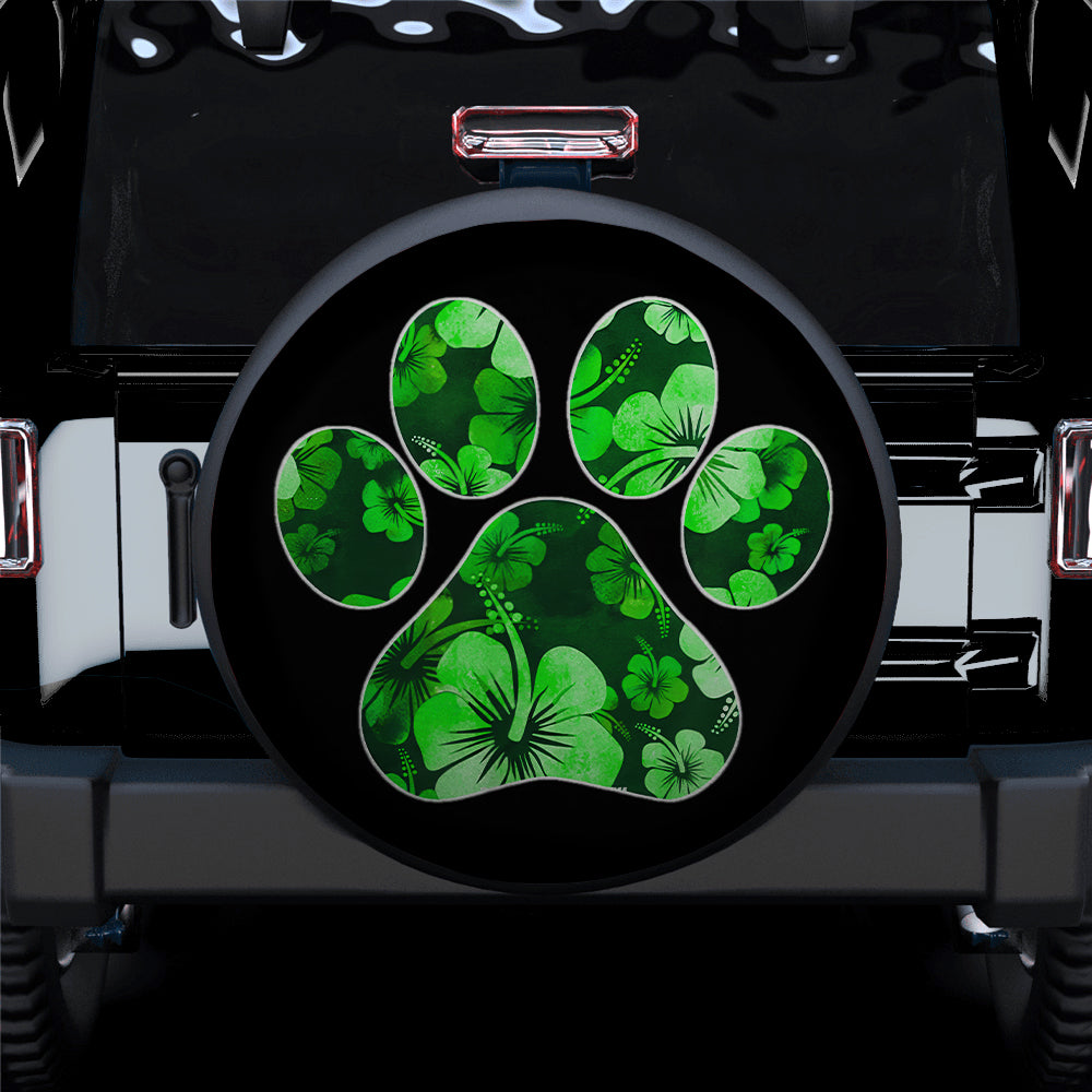 Green Paw Print Hawaiian Hibiscus Car Spare Tire Cover