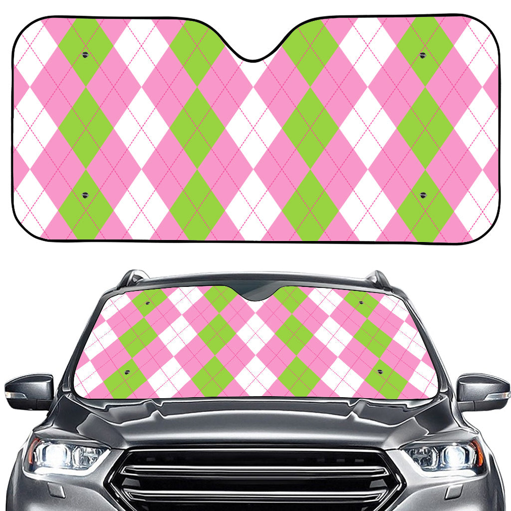 Green Pink And White Argyle Print Car Windshield Sun Shade