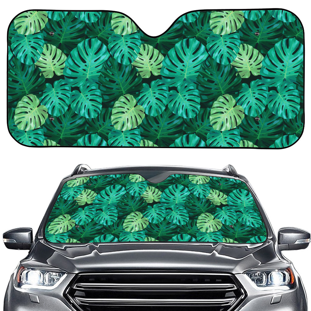 Green Tropical Monstera Pattern Print Car Windshield Sun Shade