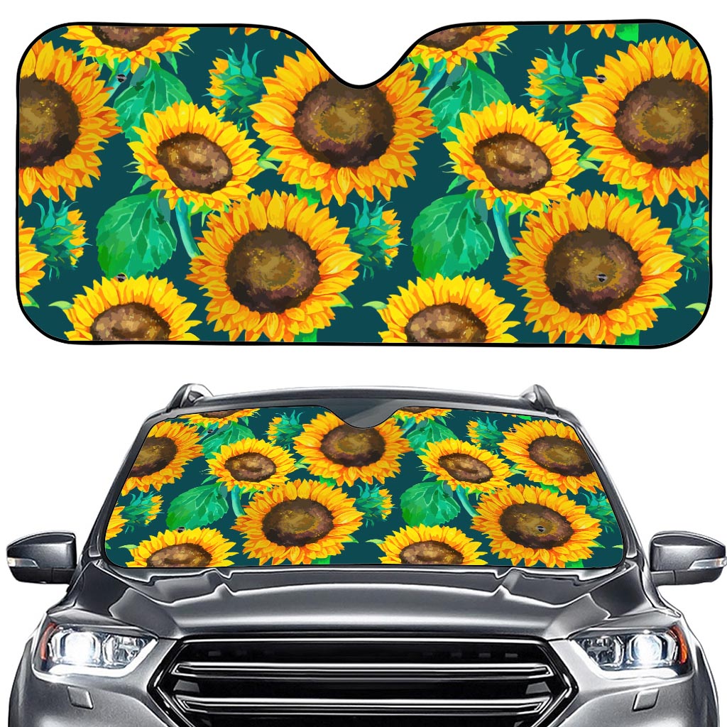 Green Watercolor Sunflower Pattern Print Car Windshield Sun Shade