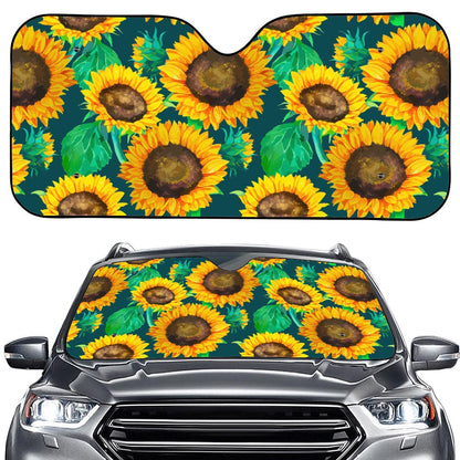 Green Watercolor Sunflower Pattern Print Car Windshield Sun Shade