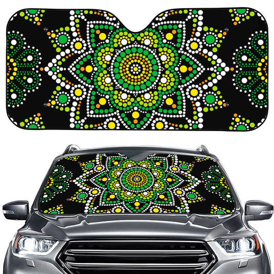 Green White Dot Mandala Print Car Windshield Sun Shade