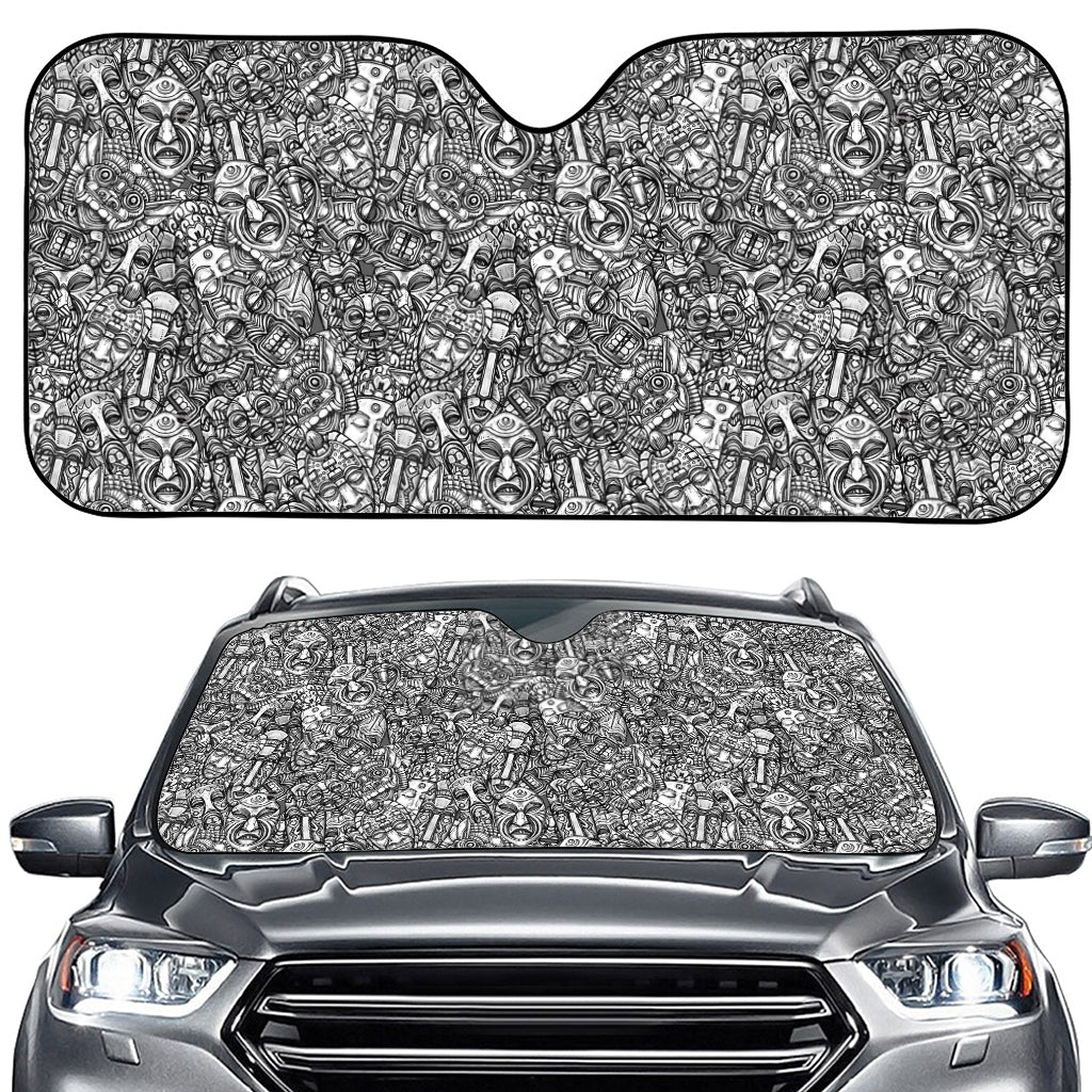 Grey And White Totem Pattern Print Car Windshield Sun Shade