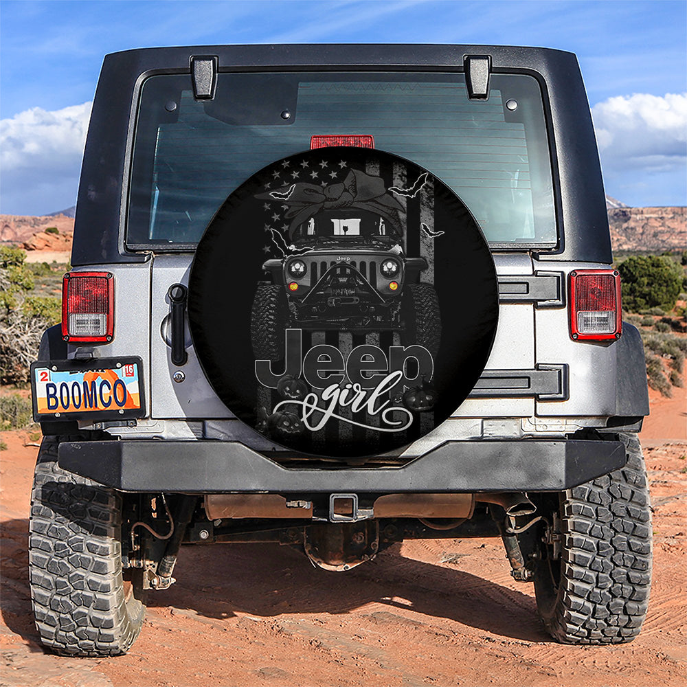 Halloween American Flag Black Jeep Girl Car Spare Tire Cover