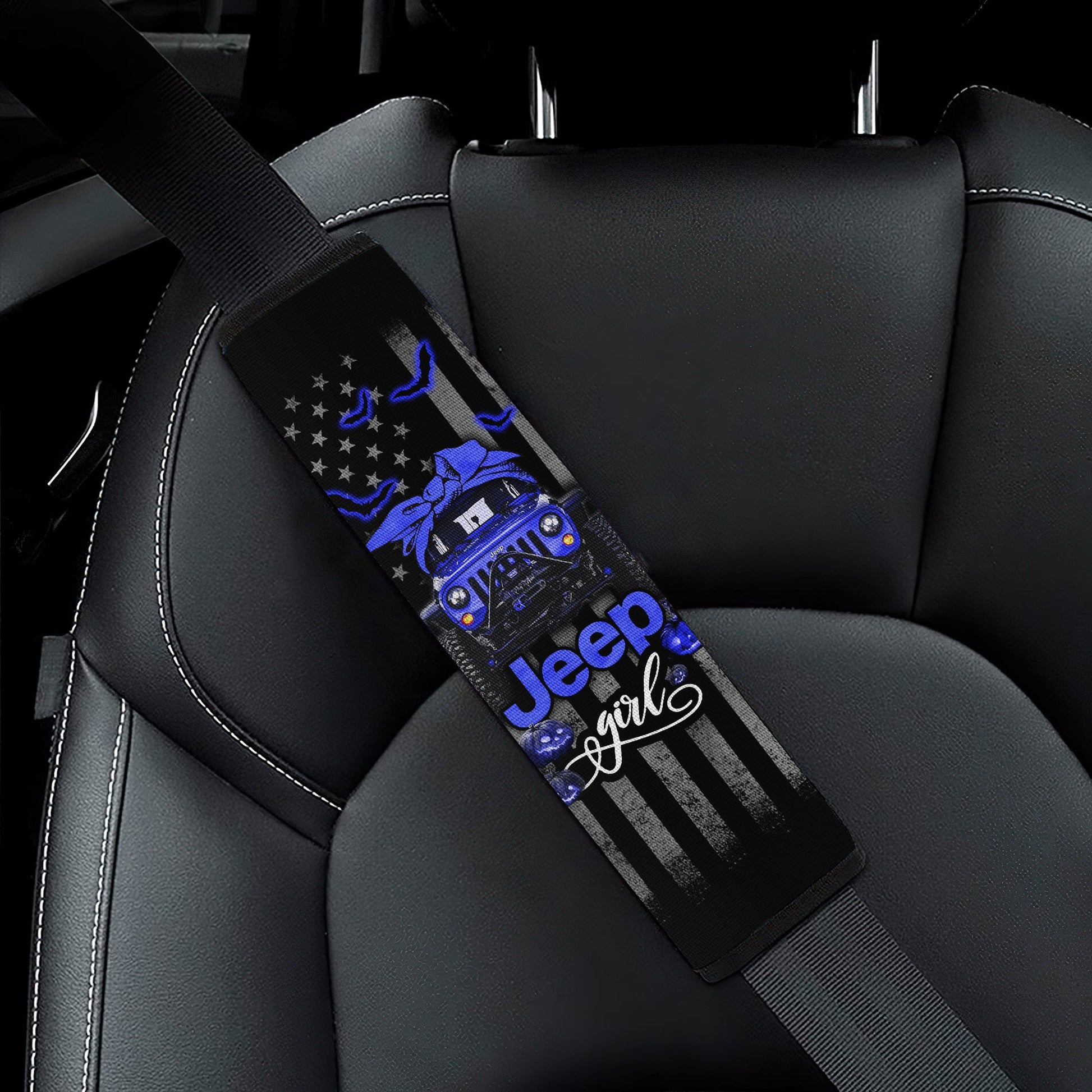 Halloween American Flag Blue Jeep Girl Car Seat Belt Cover Custom Car Accessories