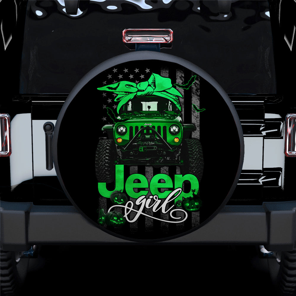 Halloween American Flag Dark Green Jeep Girl Car Spare Tire Cover