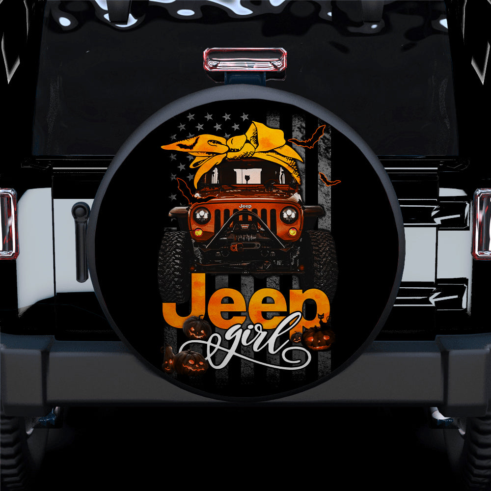 Halloween American Flag Orange Jeep Girl Car Spare Tire Cover