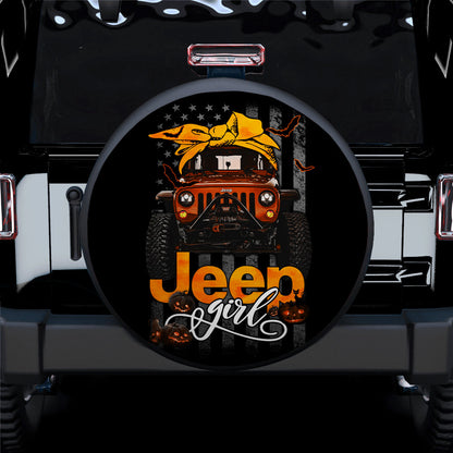Halloween American Flag Orange Jeep Girl Car Spare Tire Cover
