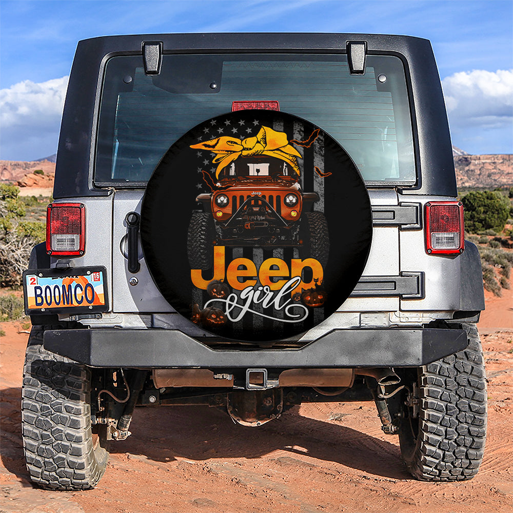 Halloween American Flag Orange Jeep Girl Car Spare Tire Cover