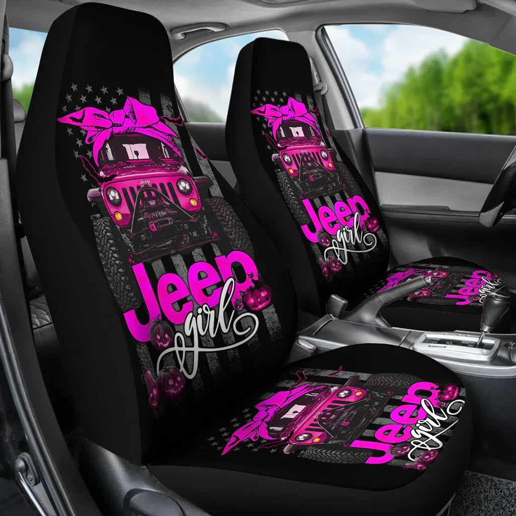 Halloween American Flag Pink Jeep Girl Car Seat Covers - PersonalizedFury