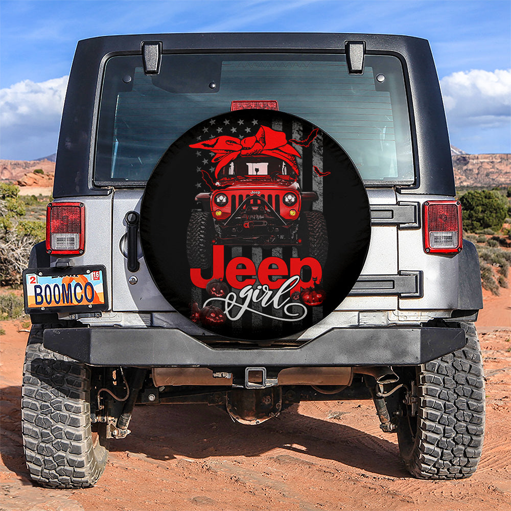 Halloween American Flag Red Jeep Girl Car Spare Tire Cover