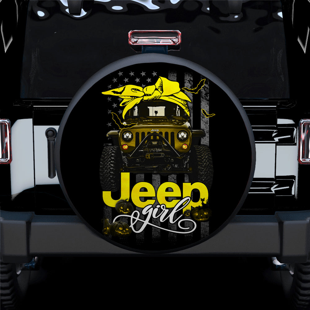 Halloween American Flag Yellow Jeep Girl Car Spare Tire Cover