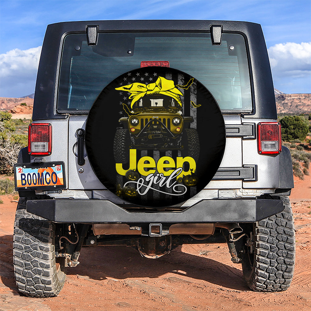 Halloween American Flag Yellow Jeep Girl Car Spare Tire Cover