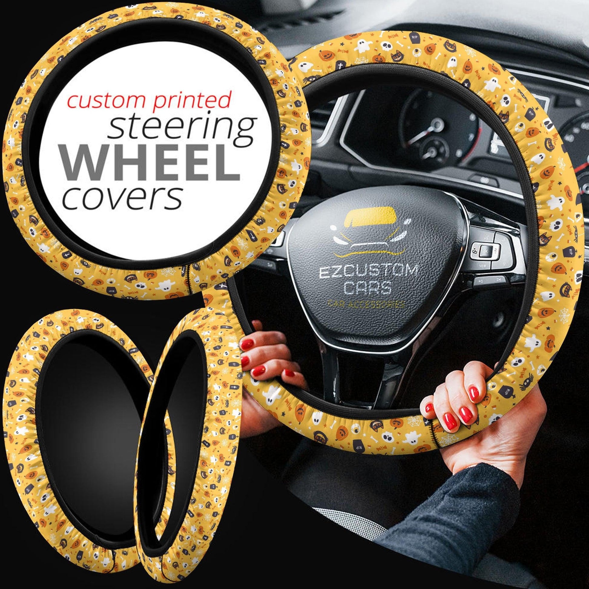 Halloween Car Accessories Steering Wheel Cover Halloween Pattern Ghost, Skull, Pumpkin