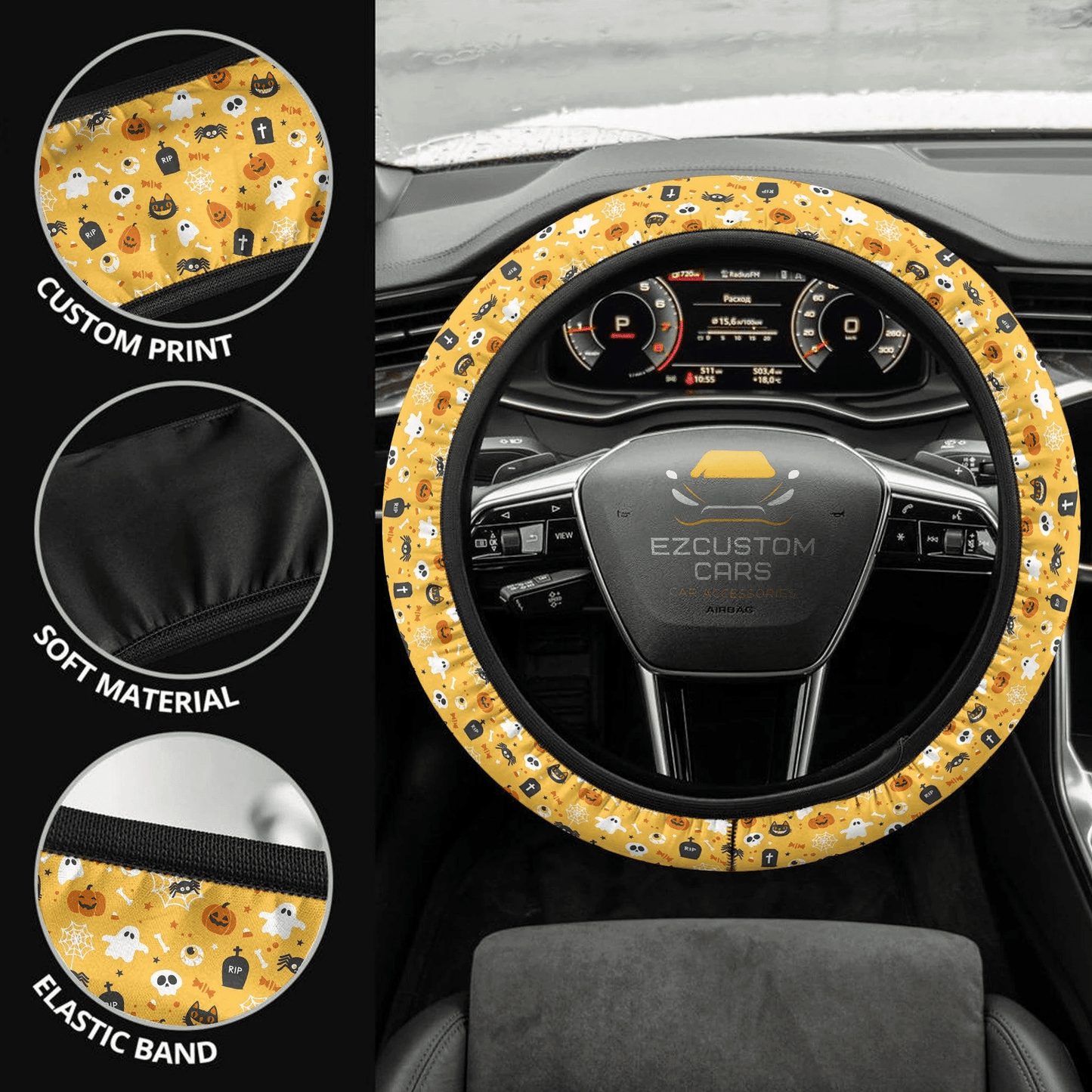 Halloween Car Accessories Steering Wheel Cover Halloween Pattern Ghost, Skull, Pumpkin