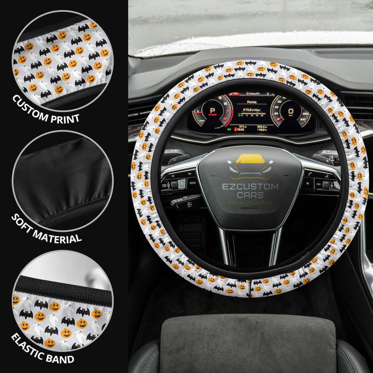 Halloween Car Accessories Steering Wheel Cover Halloween Pumpkin and Bat