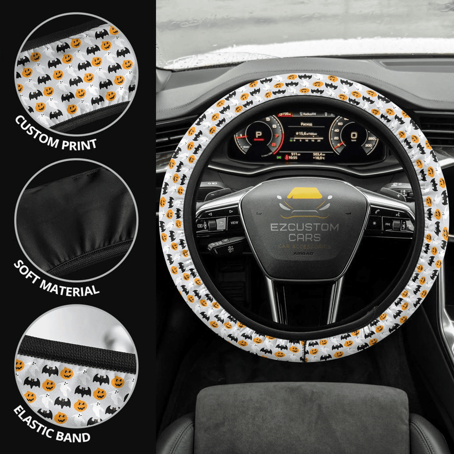 Halloween Car Accessories Steering Wheel Cover Halloween Pumpkin and Bat