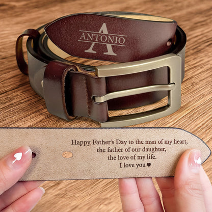 Happy Father's Day To The Man Of My Heart - Personalized Engraved Leather Belt - Father's Day Gifts From Wife