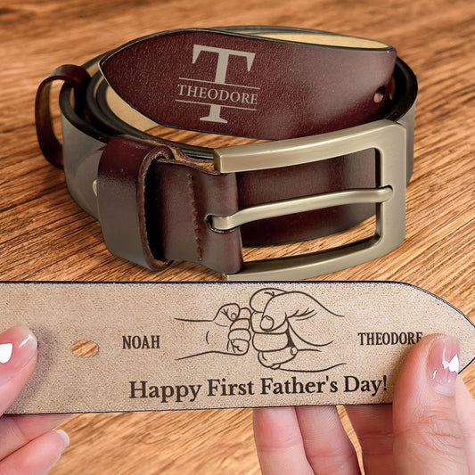 Happy First Father's Day Fist Bump Daddy And Baby - Personalized Engraved Leather Belt