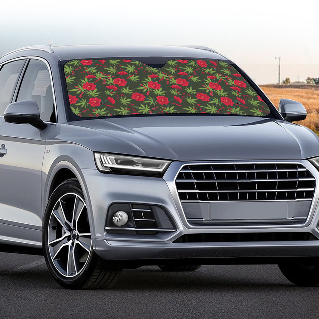 Hemp Leaves And Flowers Pattern Print Car Windshield Sun Shade