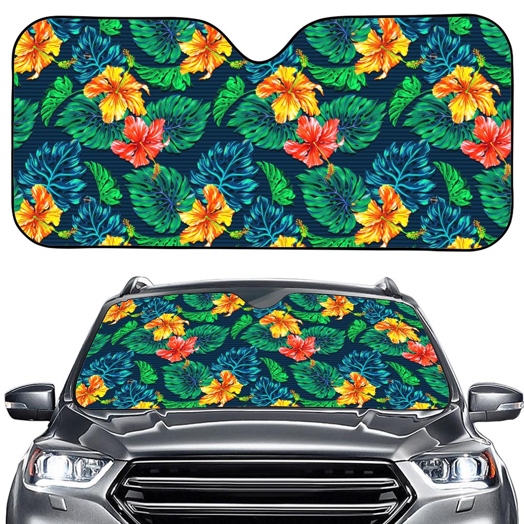 Hibiscus Monstera Hawaii Pattern Print Car Windshield Sun Shade