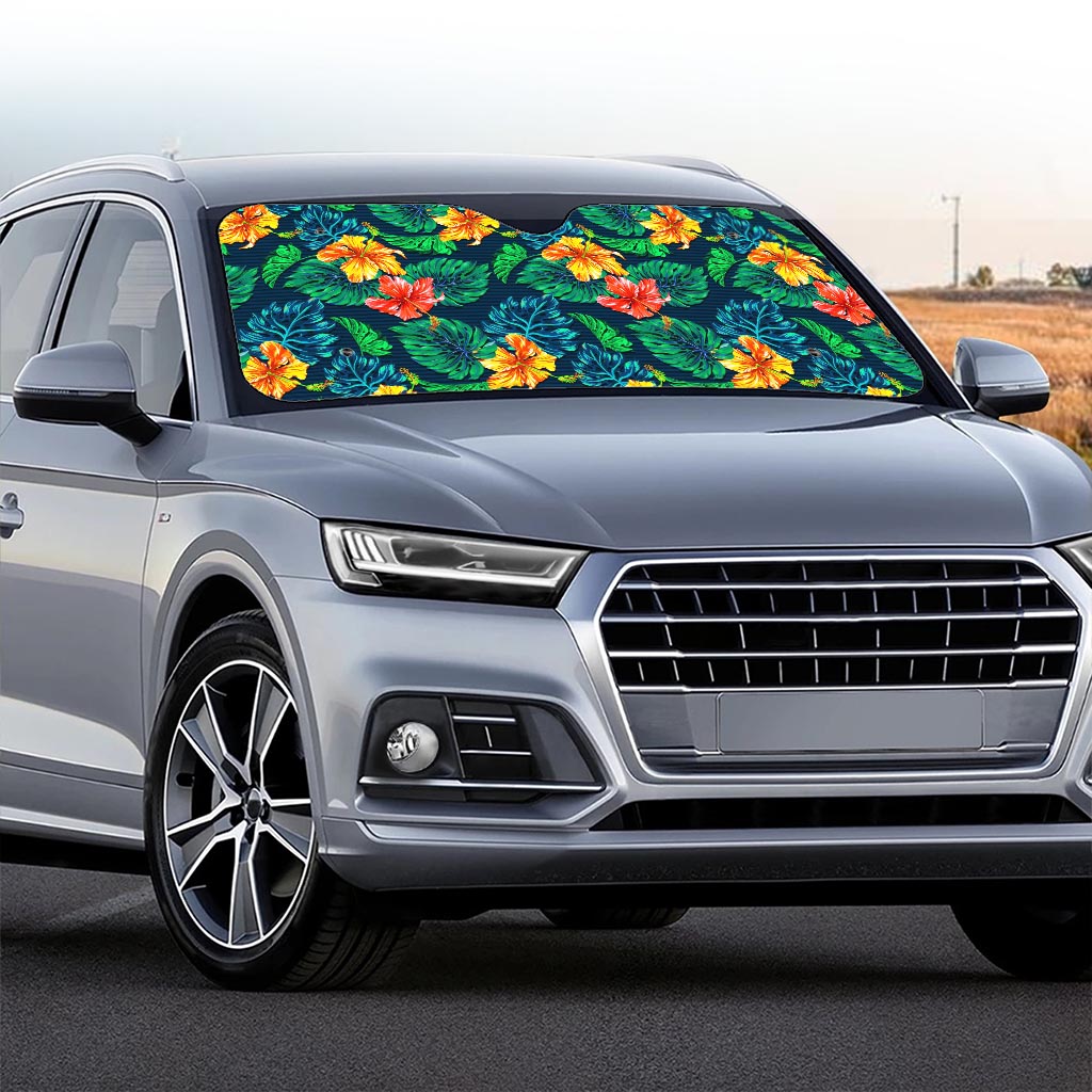 Hibiscus Monstera Hawaii Pattern Print Car Windshield Sun Shade