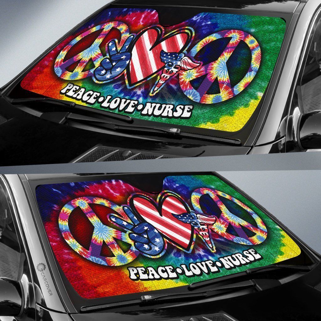 Hippie Tie Dye Car Sunshade Custom Peace Love Nurse US Flag Car Accessories Beautiful For Nurse