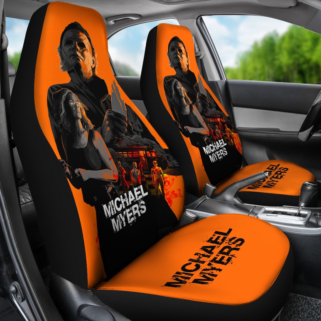 Horror Movie Car Seat Covers | Michael Myers And Laurie Strode Orange Seat Covers Ci090621