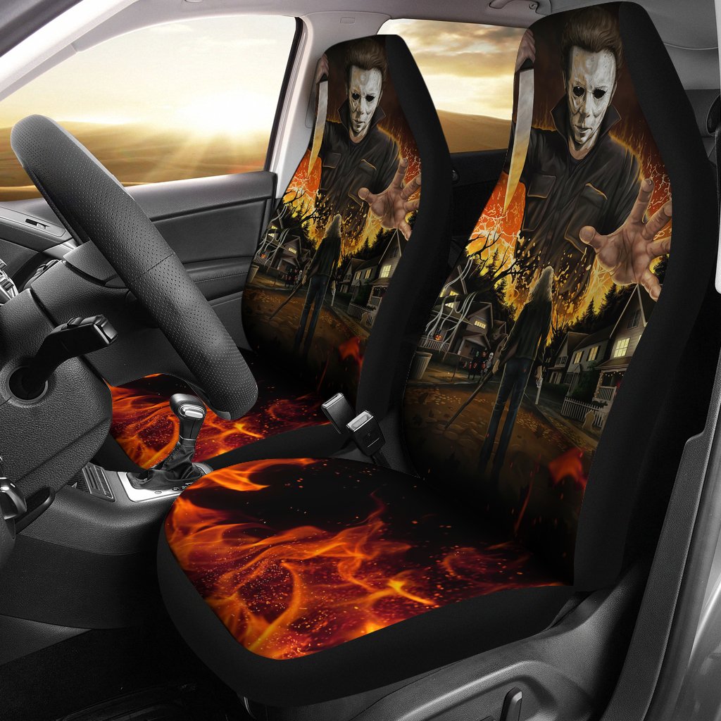 Horror Movie Car Seat Covers | Michael Myers Knife Vs Laurie Strode Gun Fire Town Seat Covers Ci090321