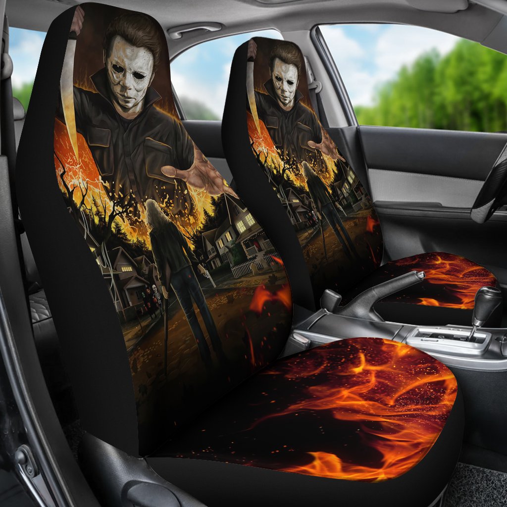 Horror Movie Car Seat Covers | Michael Myers Knife Vs Laurie Strode Gun Fire Town Seat Covers Ci090321