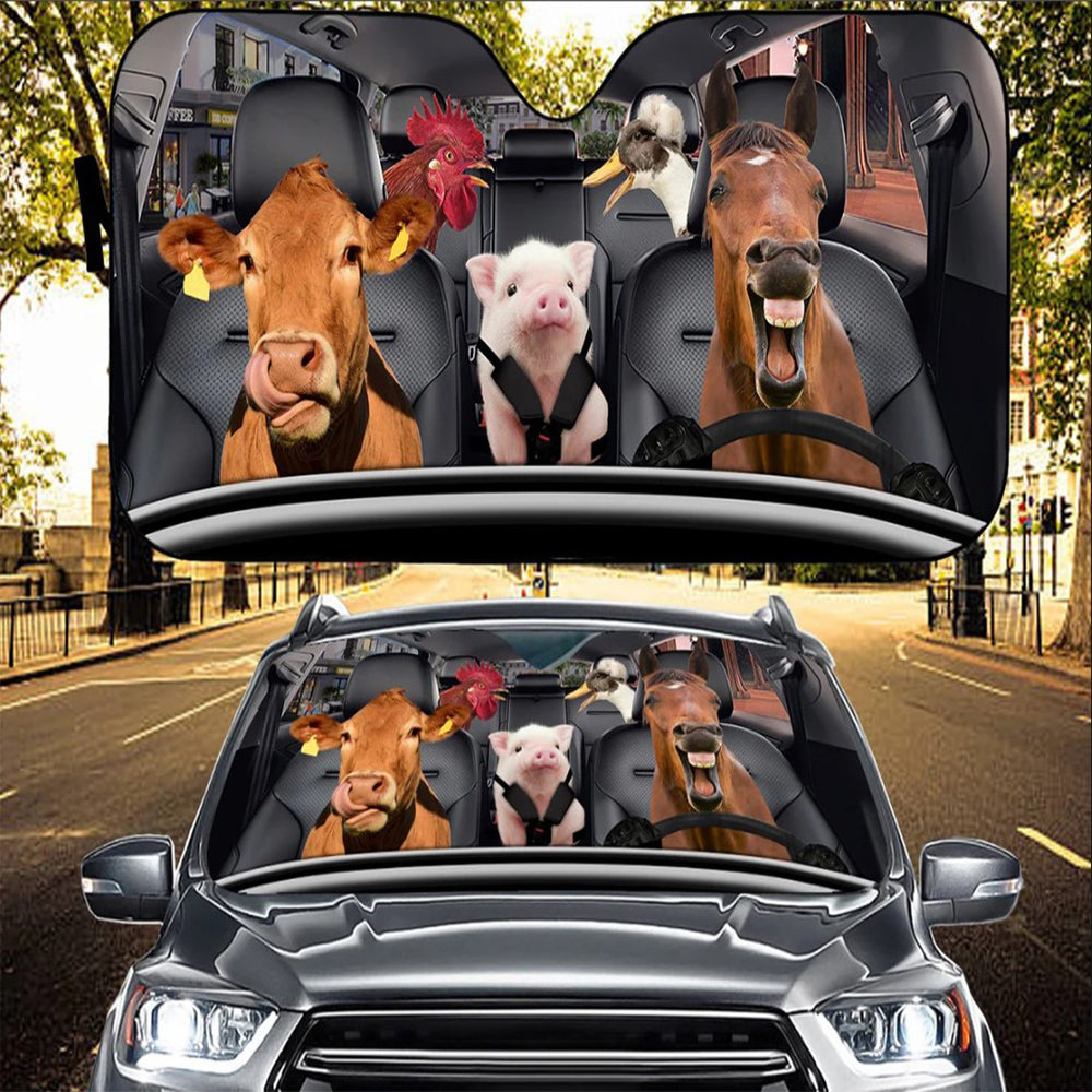 Horse Chicken Cow Pig Family Car Auto Sunshades