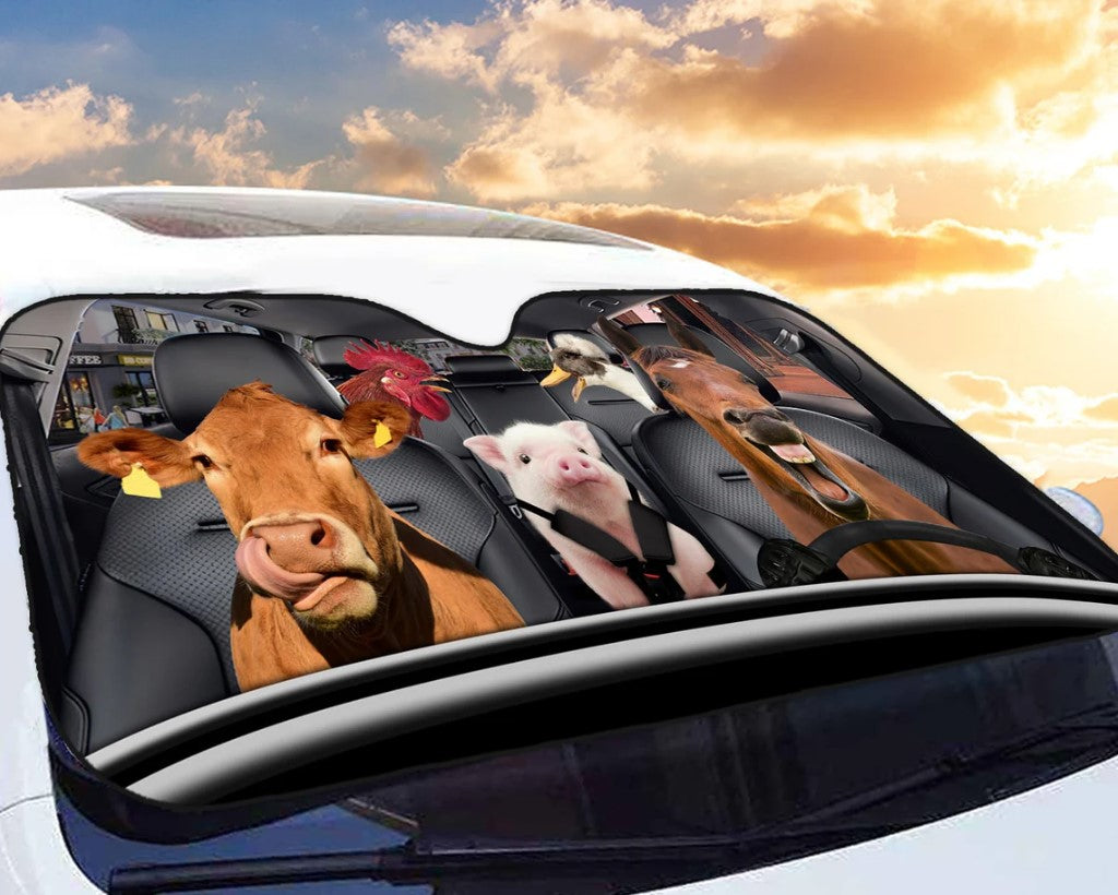 Horse Chicken Cow Pig Family Car Auto Sunshades