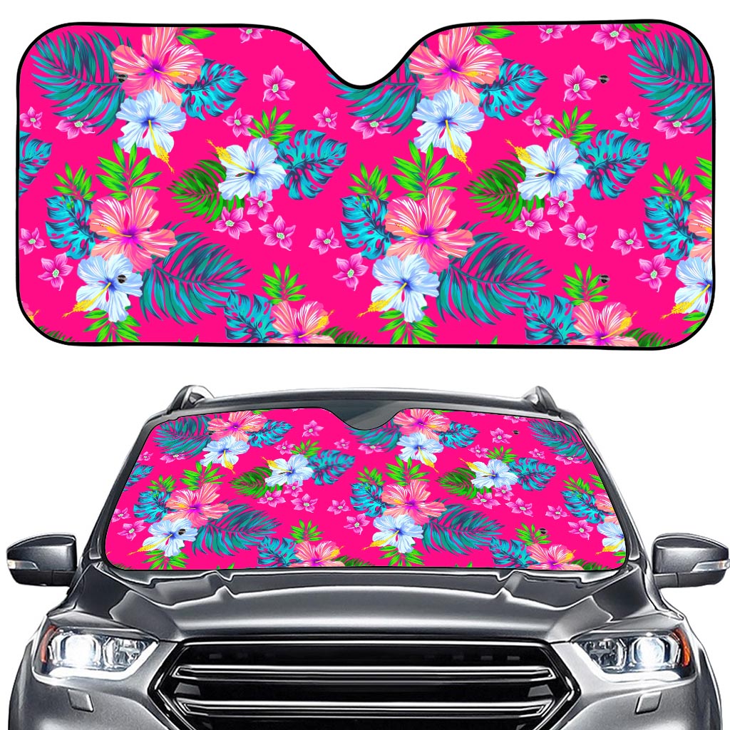 Hot Pink Aloha Hibiscus Pattern Print Car Windshield Sun Shade