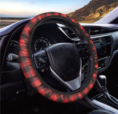 Hot Red Buffalo Plaid Print Car Steering Wheel Cover