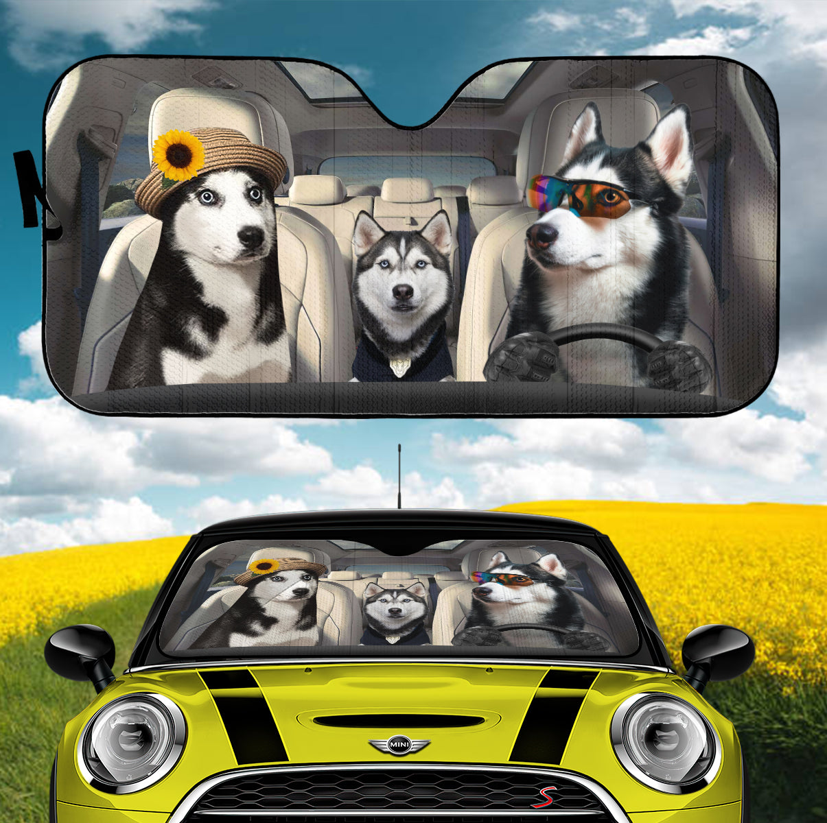 Husky Dog Family Driving Car Auto Sunshades