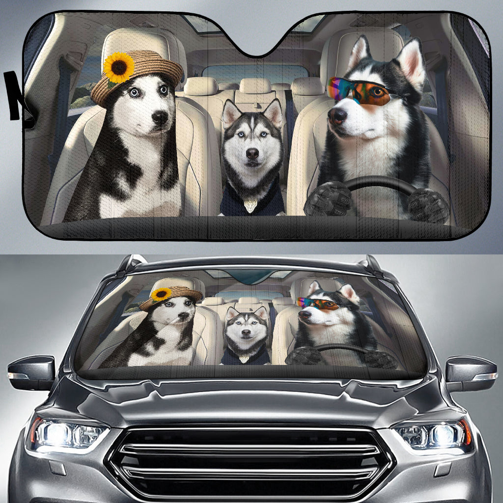 Husky Dog Family Driving Car Auto Sunshades