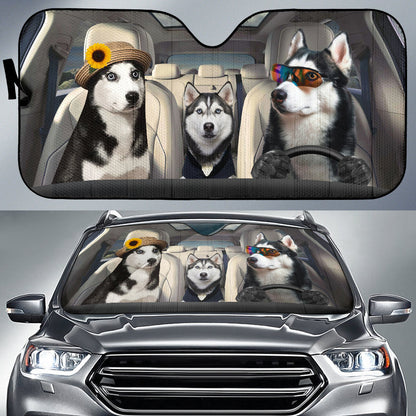 Husky Dog Family Driving Car Auto Sunshades