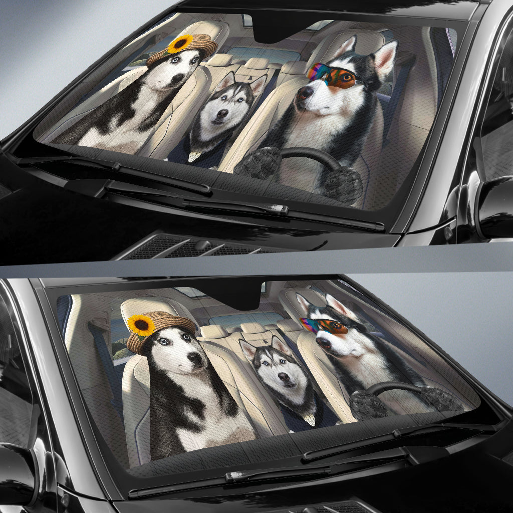 Husky Dog Family Driving Car Auto Sunshades