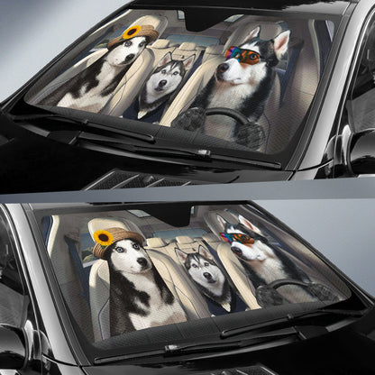 Husky Dog Family Driving Car Auto Sunshades