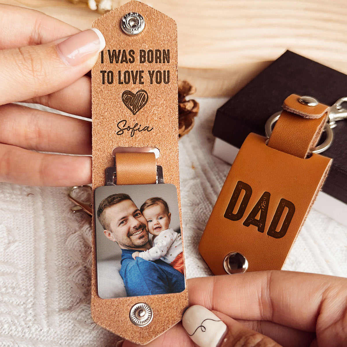 I Was Born To Love You - Personalized Leather Photo Keychain