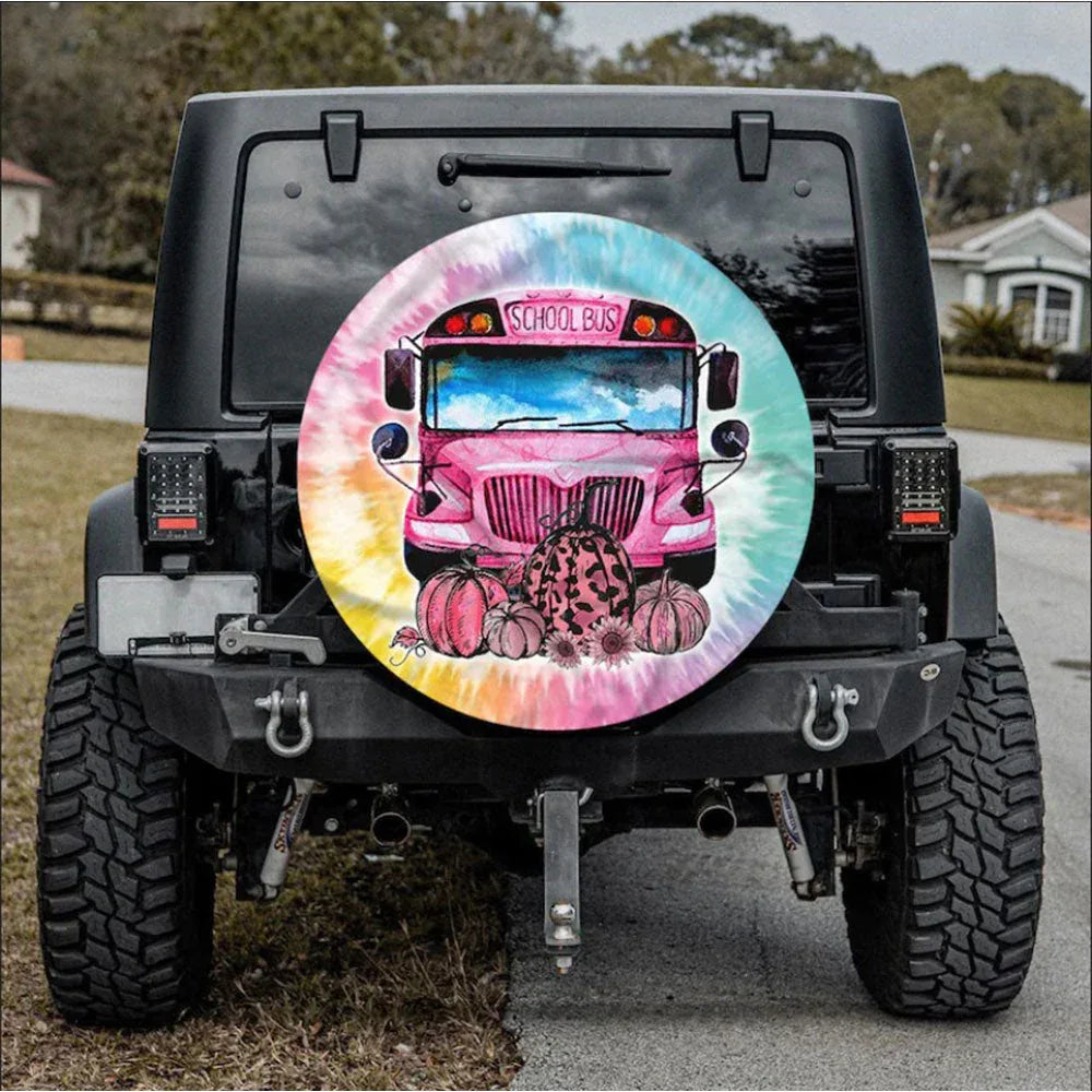 In October We Wear Pink Bus Jeep Car Leather Spare Tire Cover - PersonalizedFury