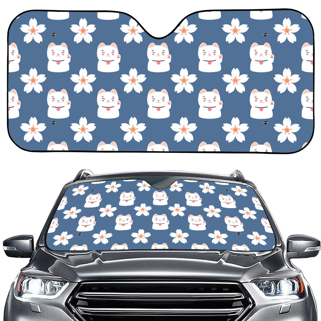 Japanese Lucky Cat And Sakura Print Car Windshield Sun Shade