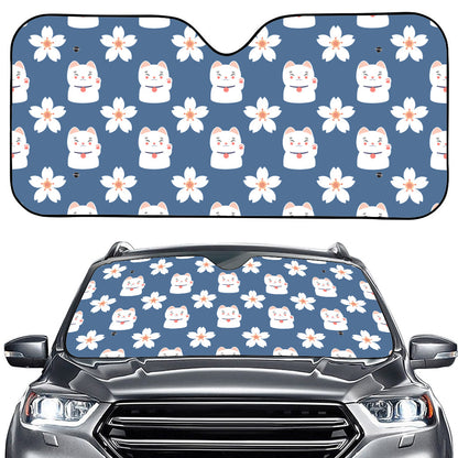 Japanese Lucky Cat And Sakura Print Car Windshield Sun Shade