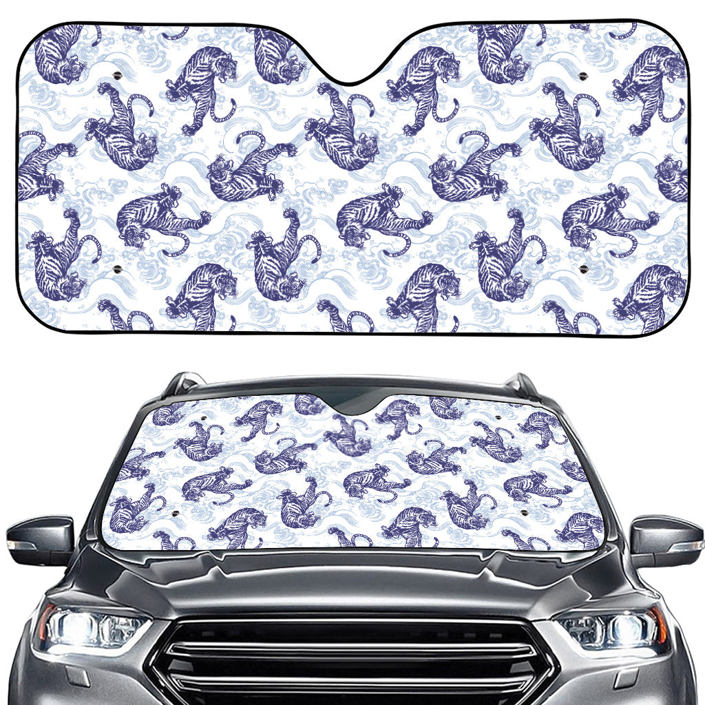 Japanese White Tiger Pattern Print Car Windshield Sun Shade